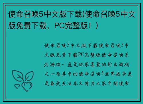 使命召唤5中文版下载(使命召唤5中文版免费下载，PC完整版！)